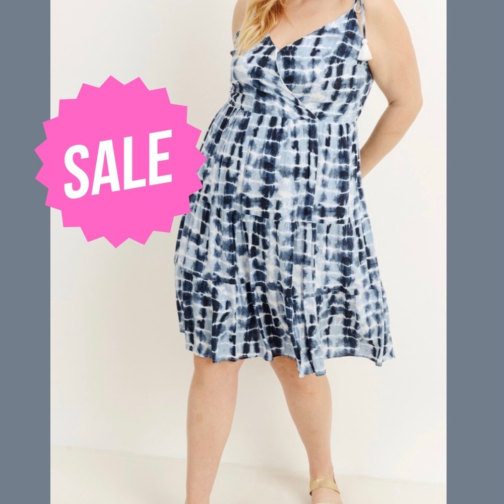 Plus Size Blue and White Gilli Tie Dye Strappy Dress with Tassels